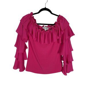 Joseph Ribkoff Women 4 Pink Tiered Sleeves Ruffle Off The Shoulder Blouse